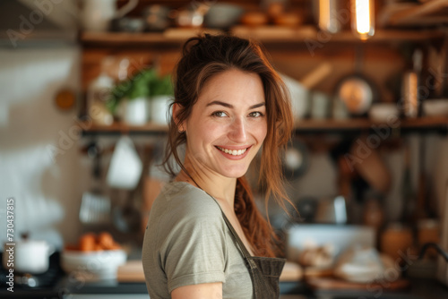 Portrait of a smiling young woman standing in the kitchen at home