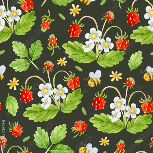 Watercolor wild strawberries with flowers and leaves and bees on dark background