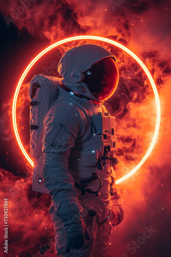 A futuristic cyborg astronaut in action with circular neon background. Surreal synthwave energy illustration.