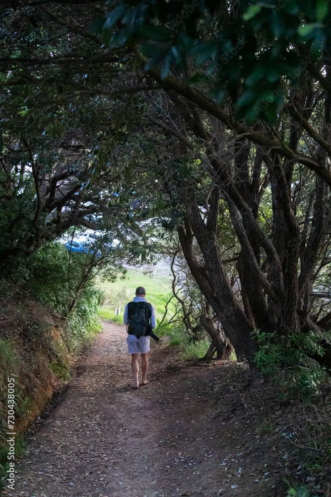 Man walking along a track at Matauri Bay, Northland, New Zealand.