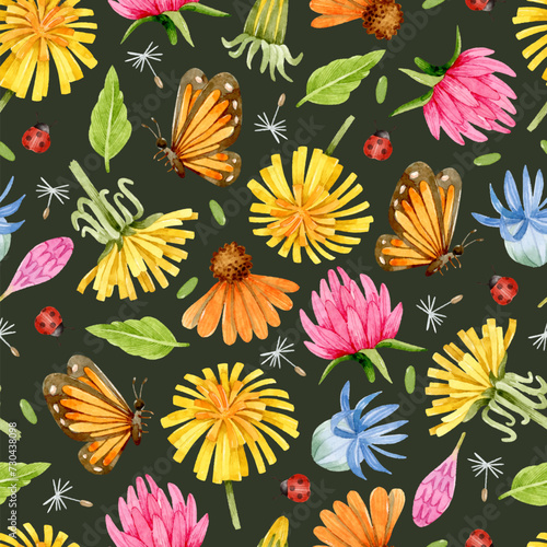 Watercolor dandelions, butterflies, clover flower and cornflower seamless pattern on dark background