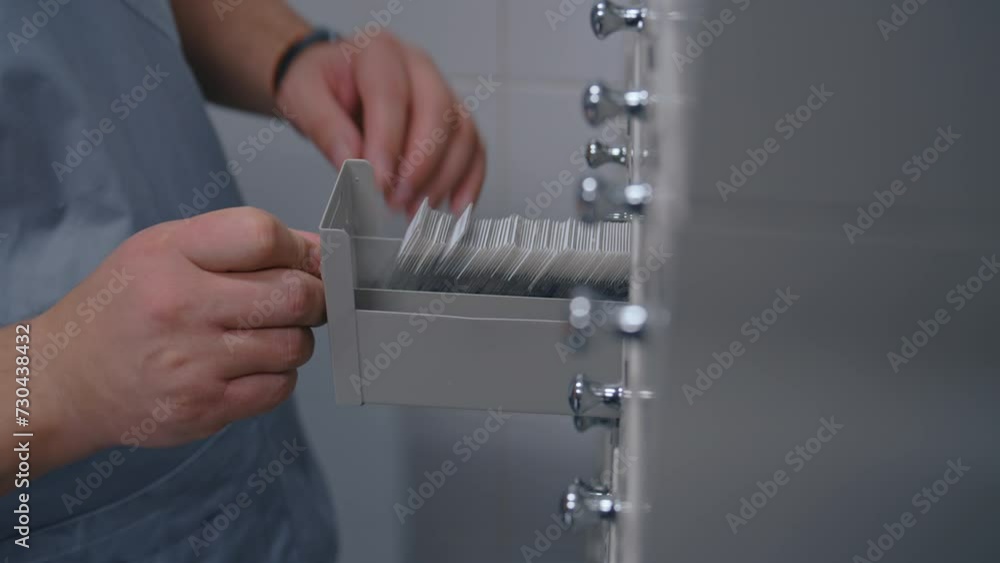 Male nurse puts samples with blood tests or histology biological ...