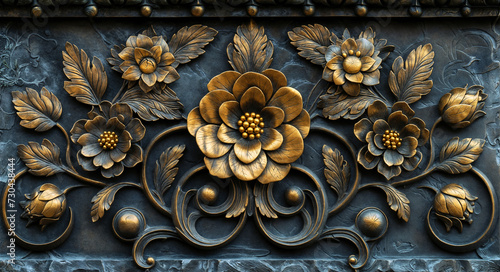 Golden Floral Bas-Relief on Dark Background