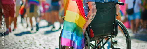 Disabled gay man in a wheelchair celebrating pride festival in the summer with rainbow flags. Copy space pride inclusion and diversity banner. AI generated photo