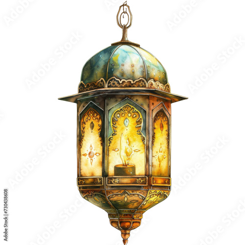 Watercolor Golden Islamic Lantern isolated transparent background. PNG Format.