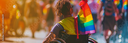 Disabled african American queer man in a wheelchair celebrating pride festival in the summer with rainbow flags. Copy space pride inclusion and diversity banner. AI generated
