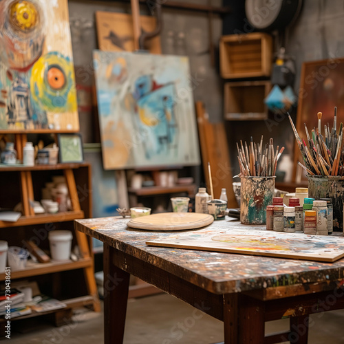 Creative Art Studio Interior with Paintings and Art Supplies