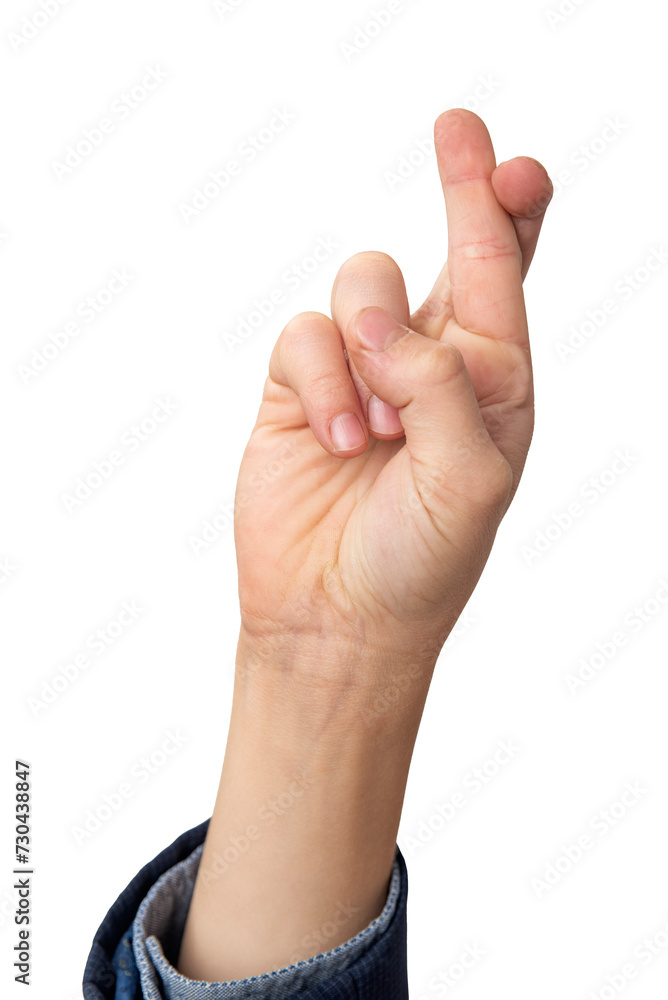 Male hand showing crossed fingers gesture isolated on white background Male hand showing crossed fingers gesture isolated on white background