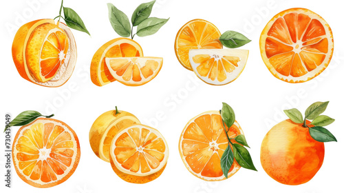 Watercolor orange fruits. Citrus set with half isolated transparent background. PNG Format.