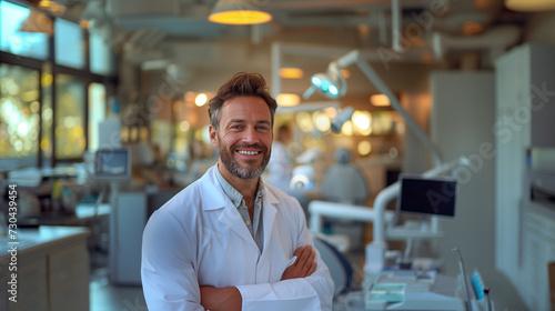 The dentist, wearing a dress shirt and a classy smile, stands in the dental office with arms crossed, ready to serve customers with exceptional service. photo