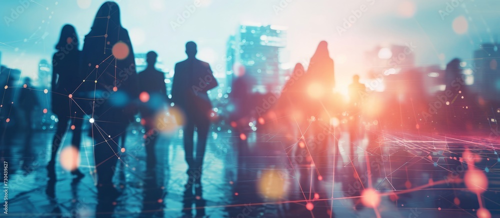 Blurry city background with diverse business team silhouettes overlaid by network hologram and business interface, representing technology, communication, and connectivity.