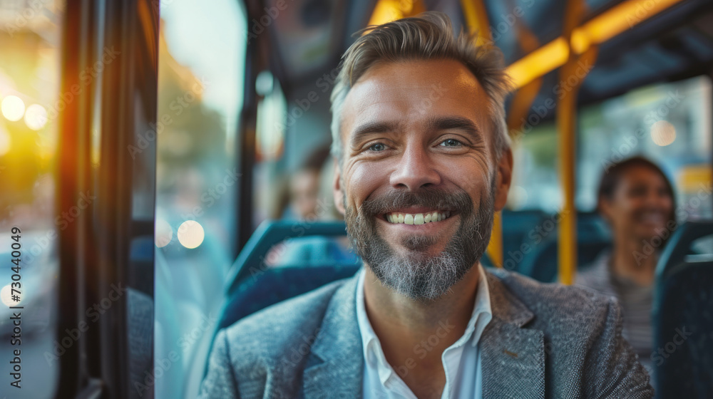 Portrait of a happy business man traveling by bus taking public transportation to reduce air pollution , businessman going to work by bus - obrazy, fototapety, plakaty 