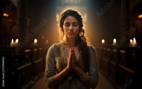 A young beautiful woman praying in a church with candles during a mass on Sunday. Catholic background 