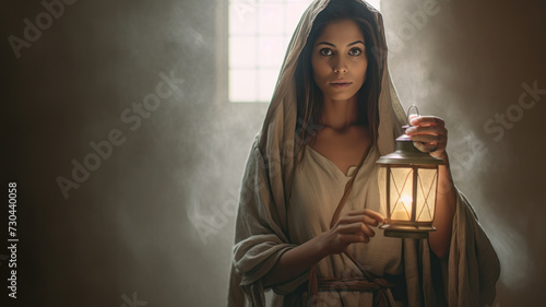 The beautiful woman Mary of Magdalene holding a lantern. A biblical story of women in the bible. female characters. photo