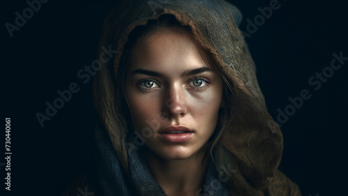 A young woman wearing a weathered scarf is gazing into the camera.. Female character