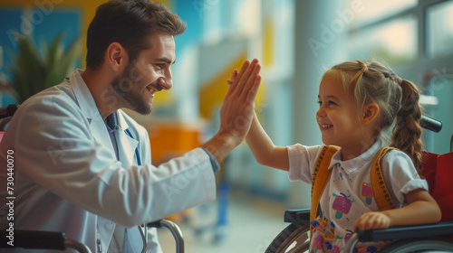 Friendly pediatrician giving high five to little patient in wheelchair. Cute preschool girl in wheelchair greeting doctor in hospital.
