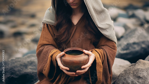 A woman holding a jar of clay that contains water. A biblical story of women in the bible.  photo