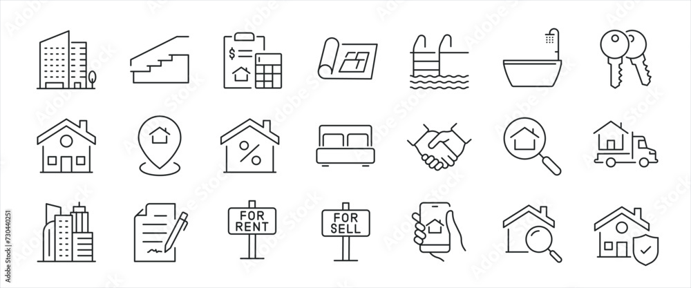 Real estate simple minimal thin line icons. Related home, apartement, mortgage, building. Editable stroke. Vector illustration. Real estate simple minimal thin line icons. Related home, apartement, mortgage, building. Editable stroke. Vector illustration.