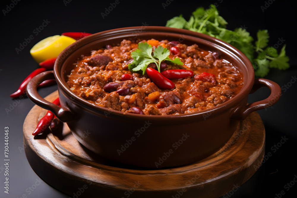 Pot with chili con carne, tasty pot with chili, eatinng chili con carne, chili con carne pot Pot with chili con carne, tasty pot with chili, eatinng chili con carne, chili con carne pot