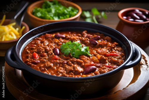 Pot with chili con carne, tasty pot with chili, eatinng chili con carne, chili con carne pot