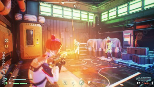 Using a female character in the shooter game mission monster enemy battle. Attacking the monster enemy boss in the shooter simulator. Defeating the huge alien monster enemy in a shooter challenge. photo