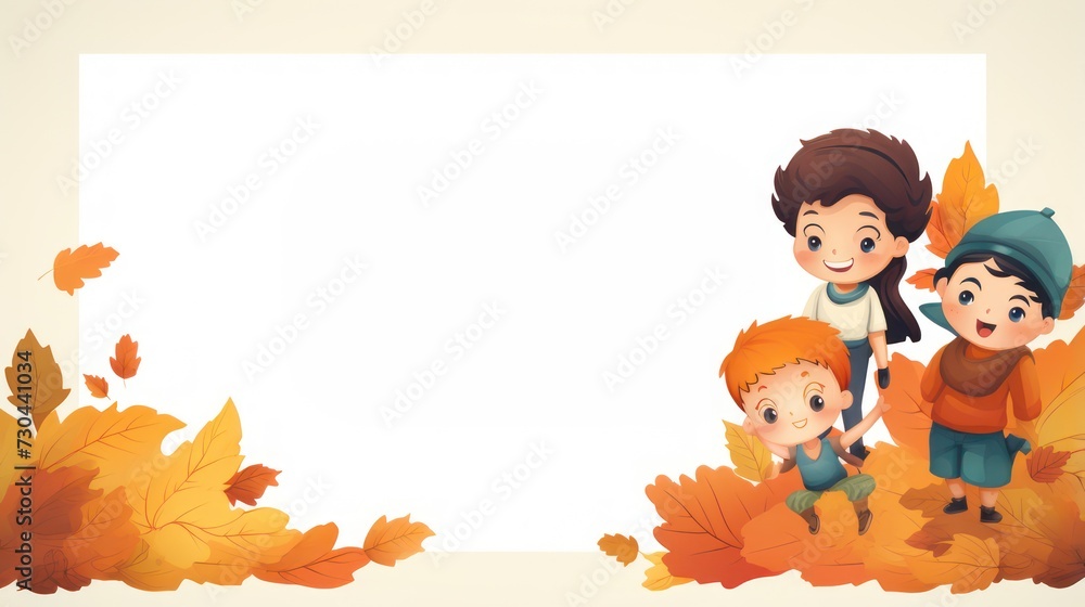 Greeting card template with autumn theme, children's illustrations, with blank copy space for text.
Greeting card template with autumn theme, children's illustrations, with blank copy space for text.