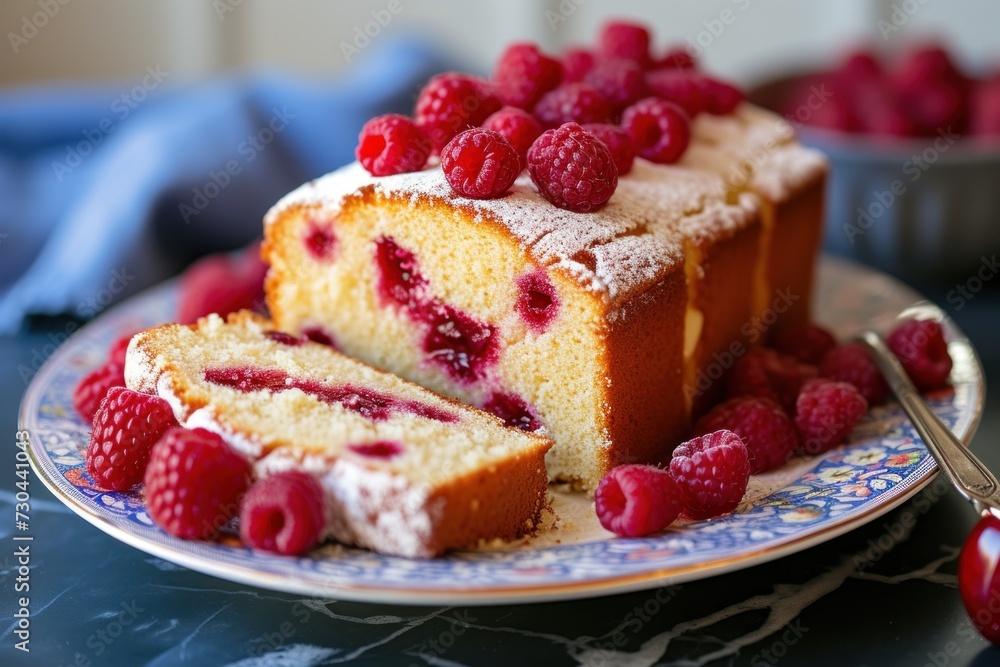 Raspberry-Topped Cake Slice on Plate
