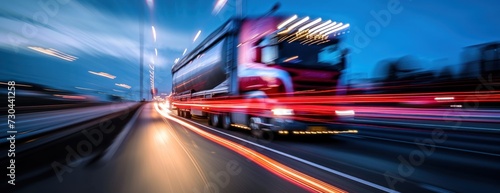 Truck driving on highway at night, car headlight light trail speed motion blur,futuristic logistic transportation background © FryArt Studio