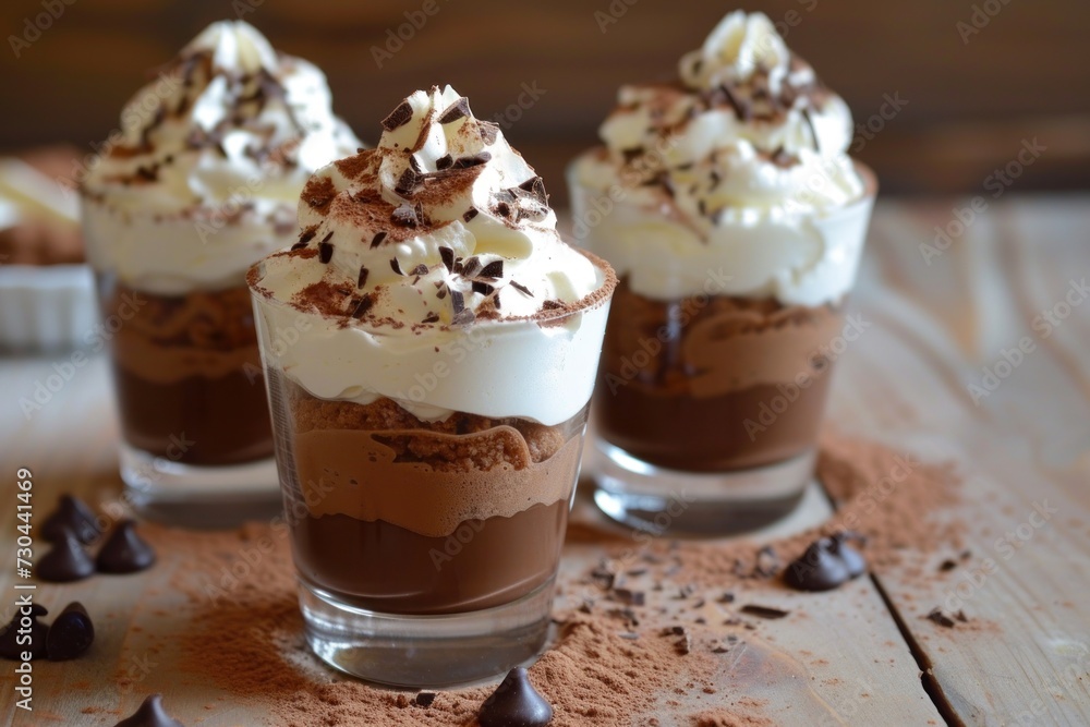 Three Glasses of Chocolate Pudding With Whipped Cream Three Glasses of Chocolate Pudding With Whipped Cream