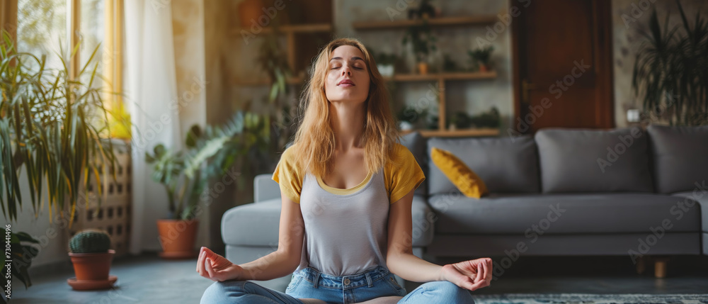 Fototapeta premium Girl meditates at home.