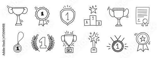 Doodle gold medal and champion trophy cup. Hand drawn award decorative icons. Vector illustrations isolated on white background.