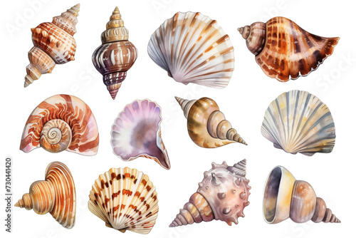 Watercolor set of different seashells isolated transparent background. PNG Format.