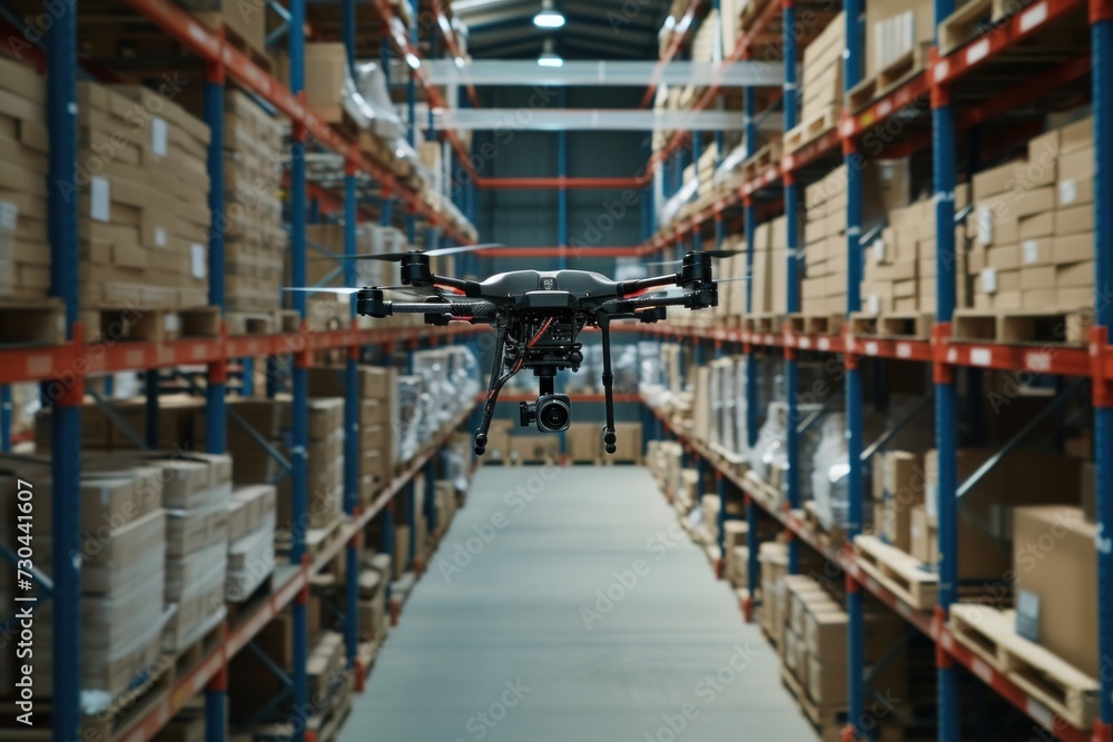 Warehouse Filled With Boxes and Remote Control Show drones flying over aisles Warehouse Filled With Boxes and Remote Control Show drones flying over aisles