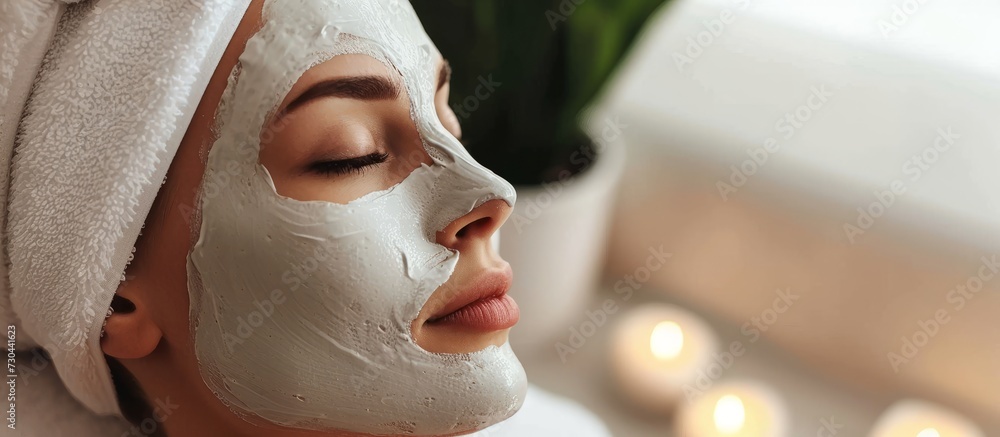 Woman receiving a nourishing facial mask at a spa salon, close-up side view. Woman receiving a nourishing facial mask at a spa salon, close-up side view.