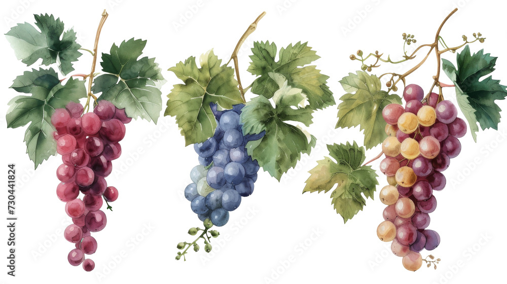 Watercolor set of grapes and vine leaves isolated transparent background. PNG Format. Watercolor set of grapes and vine leaves isolated transparent background. PNG Format.