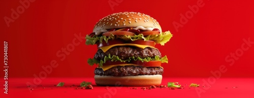 Hamburger With Lettuce and Tomato on Red Background © FryArt Studio