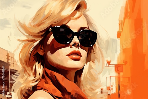 Portrait of a beautiful fashionable woman with a hairstyle and sunglasses, in a city street. Bright day, orange color. Illustration poster in the style of 1960