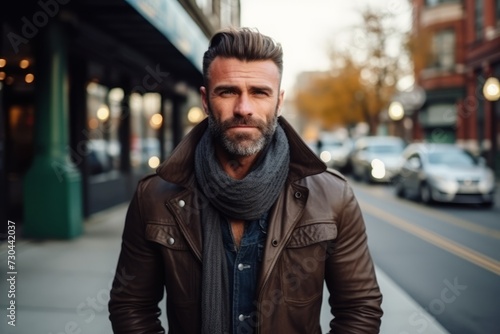 Portrait of a handsome man in a leather jacket and scarf on the street