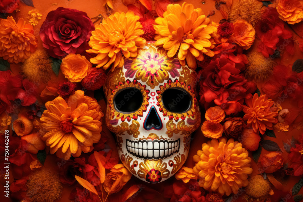 Decorative Sugar Skull Amidst Marigolds for Dia de los Muertos