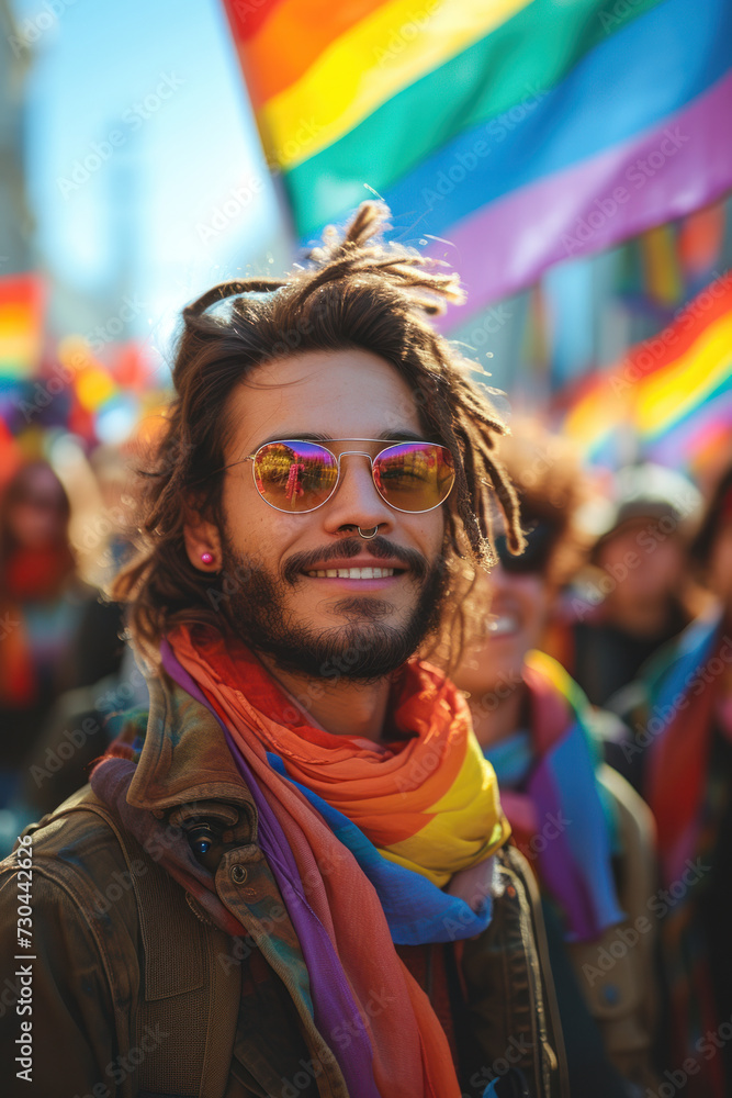 Portrait of very beautiful young spanish woman rallying for LGBTQ+ rights at a Pride month parade with diversity and rainbow flags