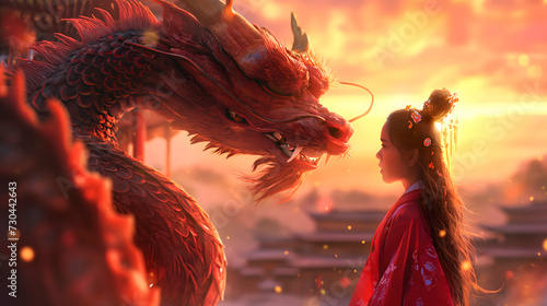 Niña mirando a un dragón chino como símbolo de la suerte en al cultura china photo