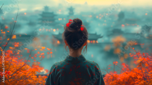 Mujer china mirando al horizonte donde se puede ver nua ciudad china de forma borrosa photo