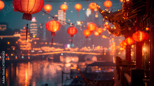 Vista de un barrio chino de noche con farolillos rojos y multiples luces photo
