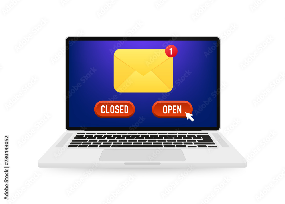 Email notification on laptop. New message. Mail notice on laptop screen. Flat style. Receive notification, alert message, warning, get email, spam concepts. Vector illustration Email notification on laptop. New message. Mail notice on laptop screen. Flat style. Receive notification, alert message, warning, get email, spam concepts. Vector illustration