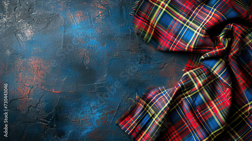 Top view flat lay red tartan fabric in the corner on vintage grunge blue background with copy space for national tartan day - AI Generated Abstract Art
