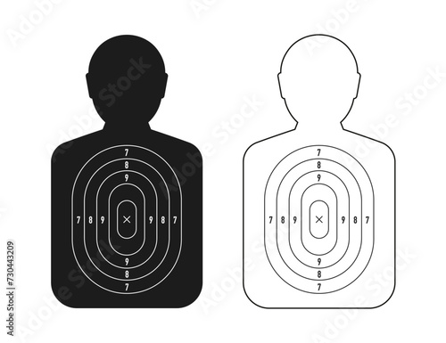 Human targets in Black and White for Shooting Practice. Firearm and archery shooting range practicing human torso silhouette, sniping sport competition. Practicing aim firing. Vector illustration
