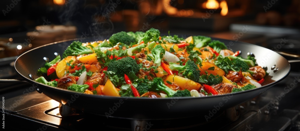 Chef is stirring vegetables in wok at kitchen Chef is stirring vegetables in wok at kitchen