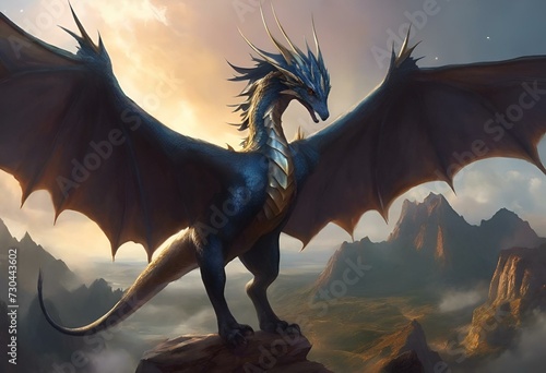 AI generated illustration of a majestic blue dragon perched atop a scenic mountain ledge