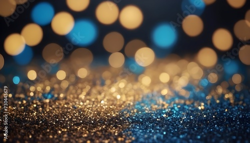 Background of abstract glitter lights. Gold, blue and black. De focused