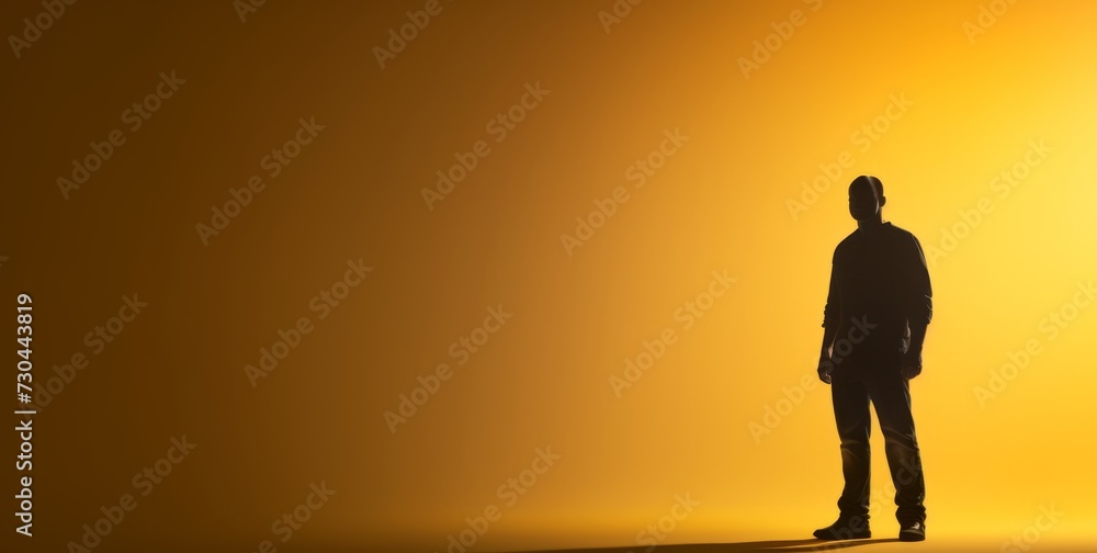 Silhouette of a man against a vibrant yellow background. Concept of mystery, anonymity, contrast, minimalism, and simplicity. Copy space